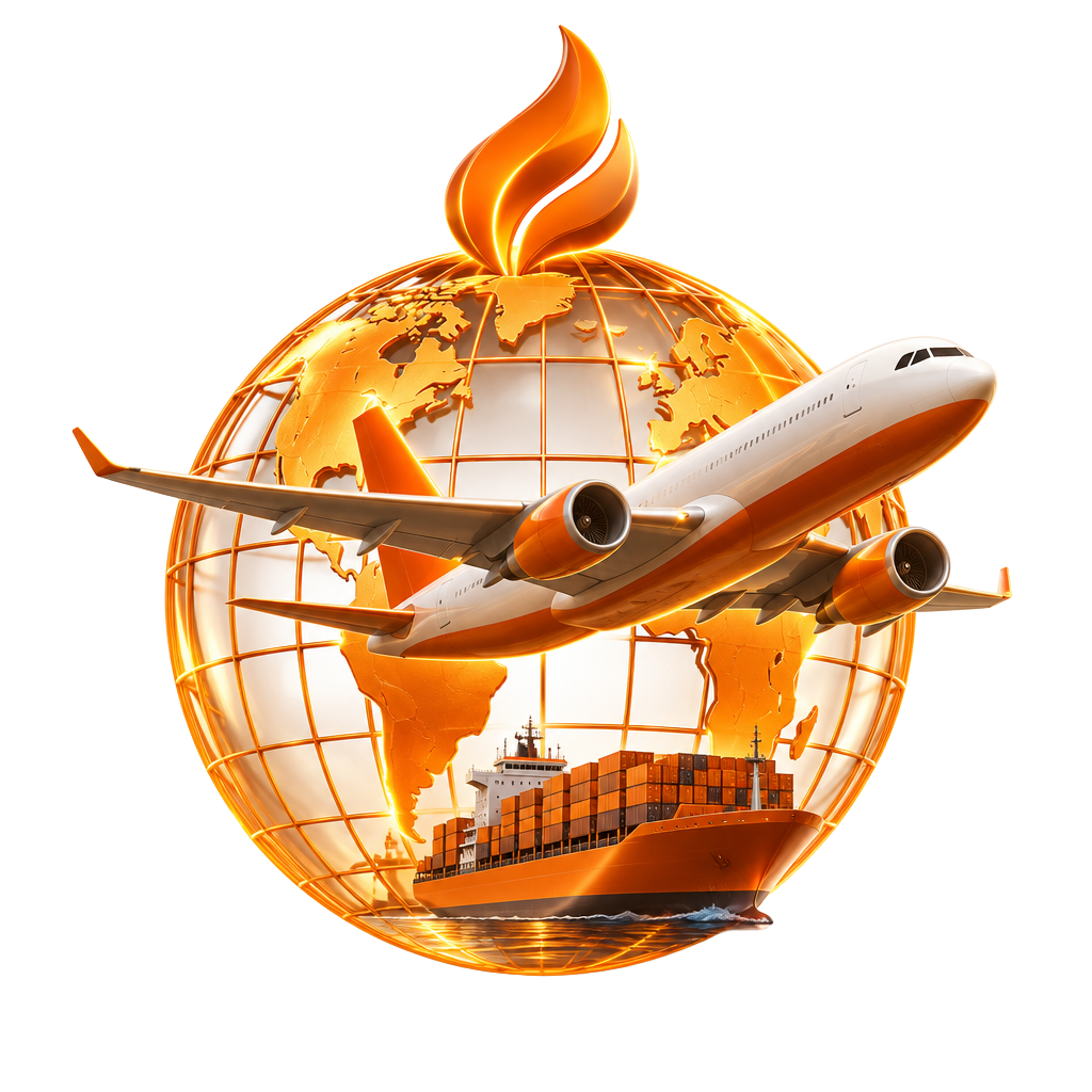Avion cargo, globe et navire Prime Express Shipping